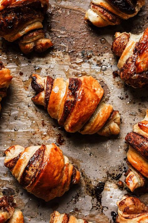 These Puff pastry treats are flaky, buttery, loaded with chocolate and the most crucial part is that they take less than 5 minutes to get into the oven. #chocolate #puffpastry #dessert #dessertidea #quickdessert #chocolatecroissant #rugelach #chocolaterugelach| Puff Pastry Chocolate Croissants, Puff Pastry Croissants, Puff Pastry Croissant, Chocolate Puff Pastry, Puff Pastry Chocolate, Puff Pastry Treats, Chocolate Rugelach, Pastry Treats, Nutella Puff Pastry