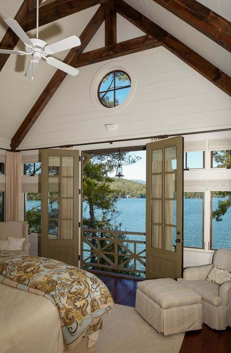 Spectacular lake house peacefully nestled on Lake Burton, Georgia Modern Lake House Bedroom, Lake House Bedroom Ideas, Lake House Bedroom, House Bedroom Ideas, Rustic Lake Houses, Modern Lake House, Lakeside Living, Bedroom Views, Lake Cottage