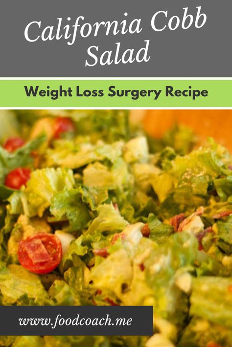 I love the flavors of this cobb salad but a few twists on the ingredients greatly cuts down fat and adds protein! Perfect for post bariatric surgery patients. Patients often miss salads after surgery. Focusing on the chicken, eggs and turkey bacon on this will keep the lettuce from fluffing up in the pouch. #gastricsleeverecipes #gastricbypassrecipes #weightlosssurgery #gastricsleevebeforeandafter Blue Sky Md Recipes, Packable Lunches, Gastric Bypass Recipes, Vsg Recipes, Sleeve Recipes, Veggie Salad Recipes, Protein Ideas, Wls Recipes, Bariatric Food