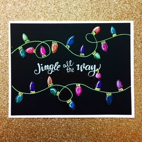 Christmas Drawing On Black Paper, Christmas Cards Lights, Christmas Envelope Art, Christmas Cards Black, Black Christmas Cards, Chalk Signs, Black Sketchbook, Light Posts, Christmas Cards Drawing