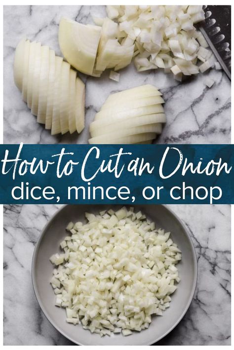 Wondering how to cut an onion? So many recipes call for a bit of onion, and I very much approve of that! Whether you need diced onion, minced onion, or chopped onion, you need to know how to do it properly. Learning how to chop an onion is one of those basic cooking skills that will always come in handy. I'll show you how to dice an onion, how to mince onion (plus the difference between the two), how to store cut onions, and even how to saute onions! #cookingbasics #onions How To Store Chopped Onions, Dicing An Onion, Dice An Onion, Cut An Onion, Basic Cooking Skills, Baking Guide, How To Cut Onions, Basic Cooking, Knife Skills