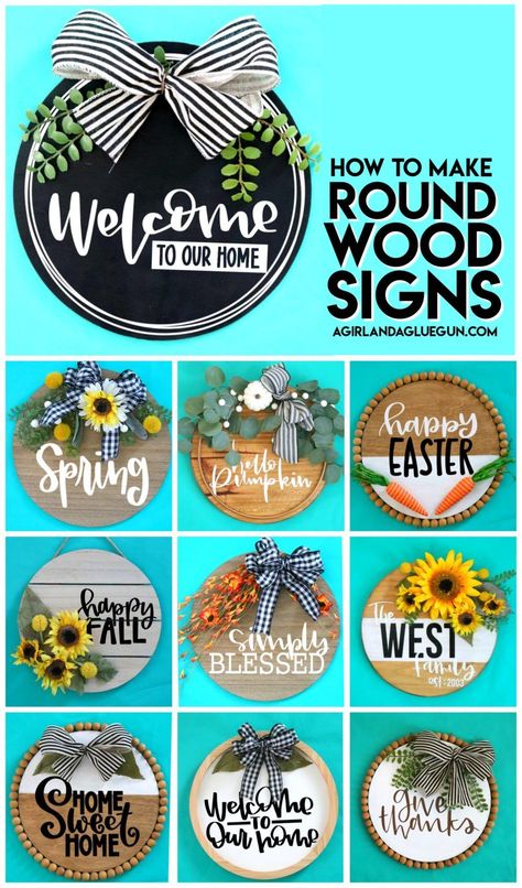 wood round door hangers- lots of different cut files and ideas to make these totally cute signs! #doorhangers #silhouettecameo #cricut #craftvinyl #expressionsvinyl Round Wood Signs, Round Door Hanger, Idee Cricut, Door Signs Diy, Wooden Door Signs, Projets Cricut, Round Wood Sign, Wood Door Hangers, Diy Wood Signs