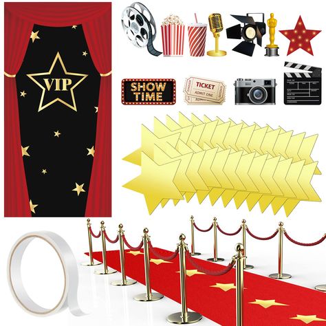 PRICES MAY VARY. What You Will Get: this package comes with 1 piece of VIP door cover, 2.6 x 15 ft red carpet, 24 pieces gold star paper cutouts, 11 pieces movie theme party cutouts and 1 piece carpet tape, this combination is nice and practical for your movie party Serve You for a Long Time: the VIP backdrop is made of polyester fabric material, the red runner rug is made of non woven material, the gold star cutouts and movie night party cutouts are made of paperboard, all of them are made of r Red Carpet Party Ideas Decoration, Red Carpet Event Decorations, Hollywood Party Decor, Red Carpet Party Ideas, Movie Theme Party Decorations, Night Party Decorations, Movie Night Party Decorations, Hollywood Theme Party Decorations, Hollywood Decorations