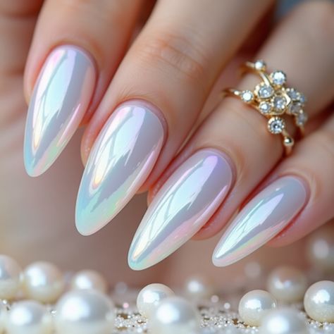 "Get a glamorous **mermaid-inspired manicure** with this **pearl chrome nail powder**. Featuring a stunning **iridescent mirror finish**, these nails reflect soft pastel hues for a chic and high-fashion look. Perfect for any occasion, from casual to elegant!" Pearl White Chrome Nails Design, Pearl Chrome Nails, Pearl Chrome Nail, Nails Iridescent, Iridescent Mirror, Pearl Chrome, Mermaid Pearl, Chrome Nail Powder, Chrome Nail