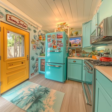 Throwback to the 1950s with a retro diner-style kitchen! Bright colors, checkerboard floors, and vintage appliances bring nostalgia and fun into the kitchen. #RetroKitchen #1950sStyle 70s Themed Kitchen, 1950s Aesthetic Home, Retro Diner Aesthetic, Kitchen Bright Colors, Retro Diner Kitchen, Diner Style Kitchen, Checkerboard Floors, 1950s Aesthetic, 50s Home