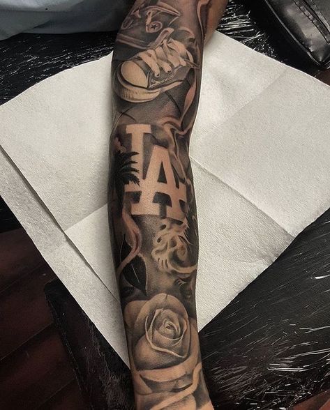 Cali Tattoo Ideas For Men, Tattoo Collage Sleeve, Crenshaw Tattoo, Worldly Tattoos, 407 Tattoo, La Tattoo Ideas, La Tattoos Ideas, City Tattoo Ideas, Family Sleeve Tattoo