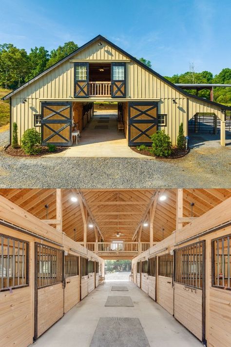 This barn is a 36x48 High Profile Modular Barn. Click the link to compare our horse barn styles on our website! Small Horse Farm Ideas, Pole Barn Horse Barns, Horse Barn Blueprints, Horses At Home, Small Barn Ideas Horse, 8 Stall Horse Barn Plans, Barn Ideas For Animals, Western Barn Ideas, Barn Layout Multi Animal