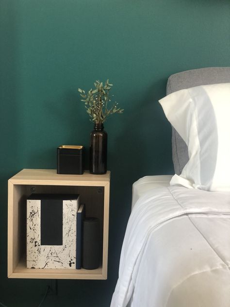 Floating Box Bedside Table, Headboard And Side Table Ideas, Ikea Eket Bedside Table, Eket Bedside Table, Side Bed Table Ideas, Floating Bed Side Table, Cube Nightstand, Cube Bedside Table, Ikea Cube