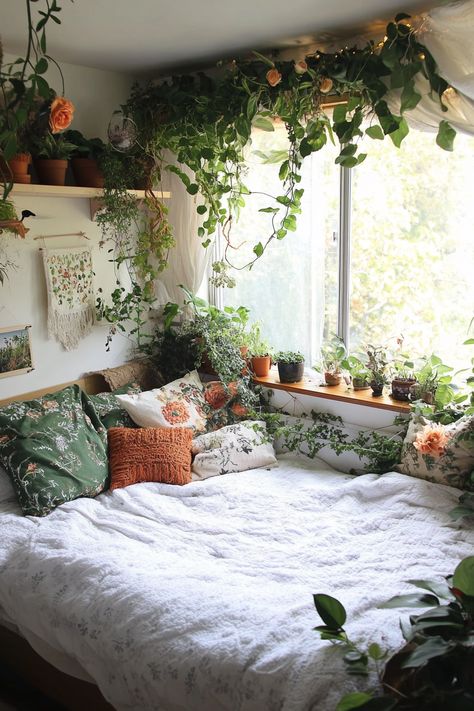 How a Plant Lover Transformed Their Bedroom Into an Urban Jungle in Two Weeks Indoor Jungle Aesthetic, Jungle Themed Bedroom Adult, Bedroom Full Of Plants, Room Decor With Plants, Room Inspo Plants, Hobbit Bedroom, Boho Jungle Bedroom, Urban Jungle Bedroom, Plant Decor Bedroom