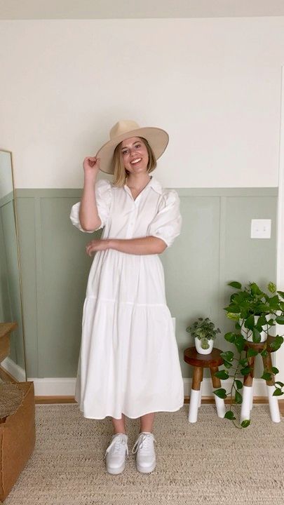 dress with sneakers, white sneakers, white midi shirt dress, wool hat, women's fashion, women's style | @louellareese | LIKEtoKNOW.it Western Kurtis, Simply Fashion, White Midi, Blogger Style, Midi Shirt Dress, Fabulous Fashion, Wool Hat, Shirtdress, White Sneakers