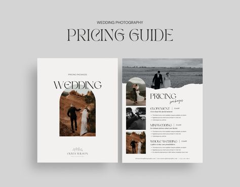 Photography Pricing Guide Template | Wedding Package | Price Guide | Price List for Wedding Photography | Wedding Pricing Sheet | Canva DETAILS Explore our minimalistic and boho photography pricing guide template. It is an essential resource for photographers in the wedding industry. This wedding price list and price guide offers a great way to present your photography pricing. You can send this photography price sheet in an e-mail to your potential clients to market your services. This editable price list provides a clear overview of your wedding photography packages. Designed as a wedding package template, it transforms your pricing into an easily digestible format with a beautiful design. Whether you're a pro wedding photographer or just starting out, this template will help you. You ca Photography Packages Pricing, Wedding Photography Templates, Wedding Photography Pricing Guide, Wedding Pricing, Photography Pricing Guide, Wedding Packages Prices, Boho Photography, Pricing Guide Photography, Price List Design