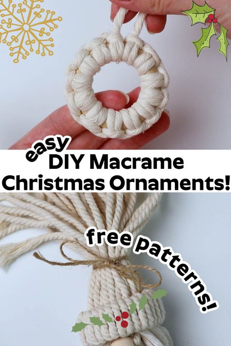 Free Macromae Patterns, Mini Macrame Christmas Ornaments, Diy Christmas Boho Decorations, Gnome Tutorial Free Pattern, Macrame Gnome Pattern, Macrame Gnomes Diy How To Make, Simple Macrame Ornaments, Macrame Xmas Decorations Tutorial, Mini Macrame Wreath