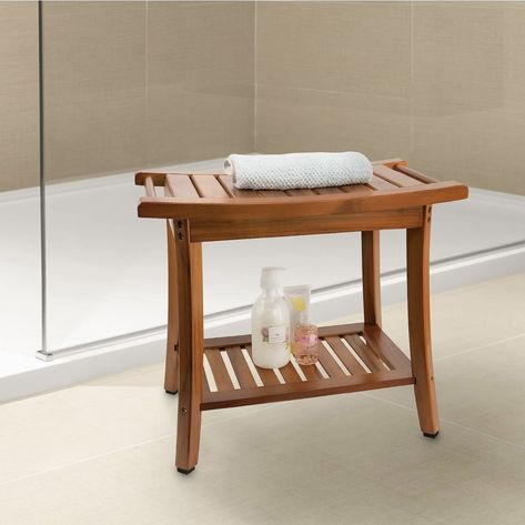 Utoplike Teak Shower Bench Seat with Handles, Portable Wooden Spa Bathing Stool with Storage Towel Shelf, 55.9cm x33cmx 47.2cm,Waterproof,Perfect for Indoor and Outdoor Use Wooden Shower Bench, Shower Bench Seat, Stool With Storage, Bathroom Seat, Bathroom Bench, Teak Shower Bench, Bathroom Shower Design, Bath Seats, Shower Stool