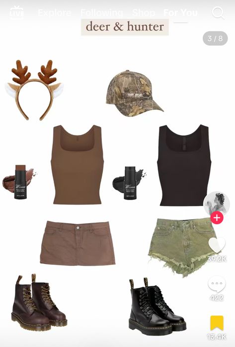 Hot Halloween Costumes College Duo, Duo Spirit Week Ideas, Cute Deer Halloween Costumes, Halloween Deer Costume, Deer Costume Halloween, Deer And Hunter Costume, Hunter Halloween Costume, Hot Duo Halloween Costumes, Deer And Hunter