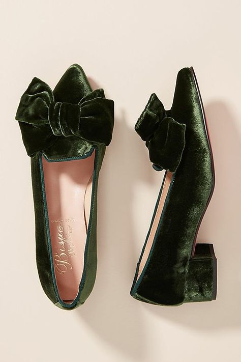 Anthropologie.com Holiday Party Fashion, Velvet Shoes, Bow Heels, Wedding Heels, Perfect Palette, Velvet Bow, Green Shoes, Pretty Shoes, Party Fashion