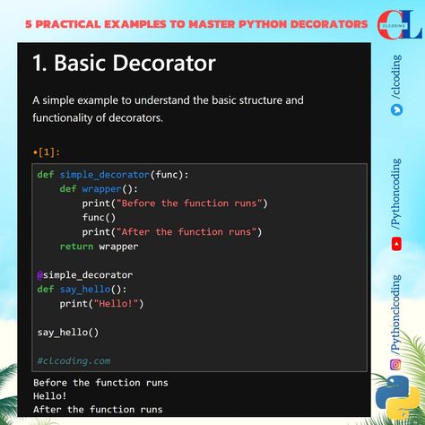 5 Practical Examples to Master Python Decorators Free Code: https://www.clcoding.com/2024/07/5-practical-examples-to-master-python.html Python Code Examples, Python Coding, Python Code, Coding Lessons, Data Science Learning, Science Learning, Computer Shortcuts, Python Programming, Data Science