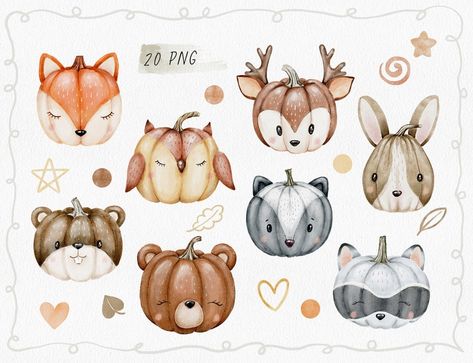 Doodle Elements, Cute Pumpkins, Small Doodle, Pet Raccoon, Watercolor Pumpkin, Pumpkin Clipart, Funny Pumpkins, Free Printable Art, Watercolor Pumpkins