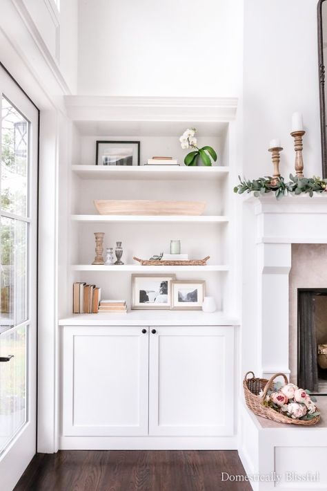 DIY Living Room Built-Ins - Domestically Blissful Built In Shelves Living Room Fireplace Diy Billy Bookcases, Built In Bookcase With Cabinets, Book Shelf Fireplace, Domestically Blissful, Fireplace Bookcase, Shelf Fireplace, Diy Living Room, Built In Shelves Living Room, Living Room Built Ins