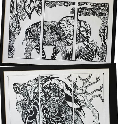 RefrigeratorGood...Artwork worthy of magnet.: High School Art lesson: Zentangle  Triptychs [ART II class] Drawing Foundations, Art For High School, Texture Projects, Zentangle Projects, Line Art Projects, Line Art Lesson, Classroom 2023, High School Drawing, Middle School Projects