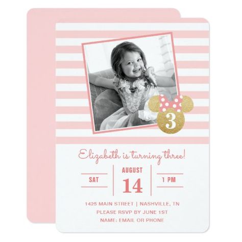 Minnie Mouse Gold Pink Striped Photo Birthday Invitation #birthdayinvitations #birthday #1stbirthdayinvitations #quinceanerainvitations #birthdayinvitationstemplate #birthdayinvitationcard #disneybirthdayinvitations #zazzle #zazzleinvitation Minnie Mouse Invitation, Twodles Birthday, Photo Birthday Invitations, Photo Birthday, Pink Minnie, Disney Birthday, Mouse Birthday, Quinceanera Invitations, Toddler Birthday