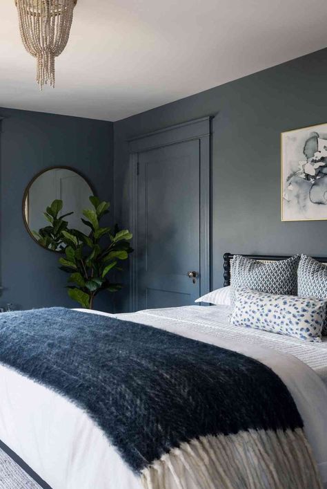 Waterloo Bedroom, Mom Inspo, Blue Gray Paint Colors, Dark Blue Bedrooms, Navy Blue Bedrooms, Blue Gray Paint, Bedroom Minimalist, Monochromatic Color Scheme, Blue Paint Colors