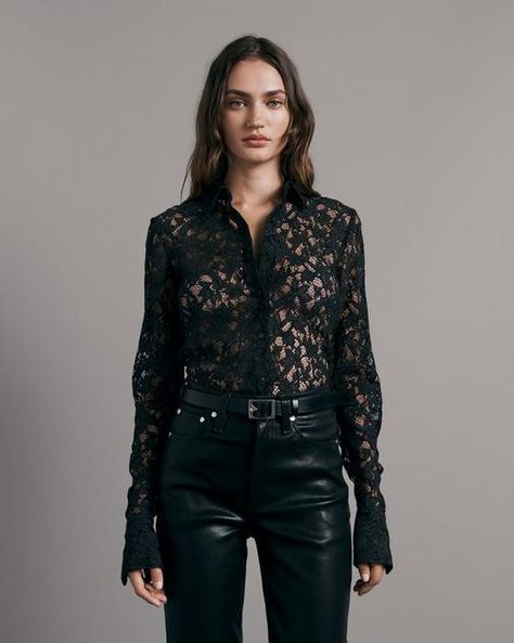 Lace Shirt Outfit, Black Lace Shirt, Understated Style, Stylish Work Attire, Lace Button, Fitted Blouses, Menswear Inspired, Lace Shirt, Lace Blouse