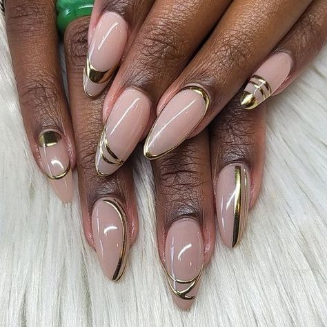 Nude And Chrome Nails, Chrome Almond Nails Designs, Nude And Gold Nail Designs, Medium Almond Nails Designs, Short Round Nails Designs, Gold Chrome Nails Designs, Gelx Apres Nail Designs, Gold Almond Nails, Nails On Dark Skin