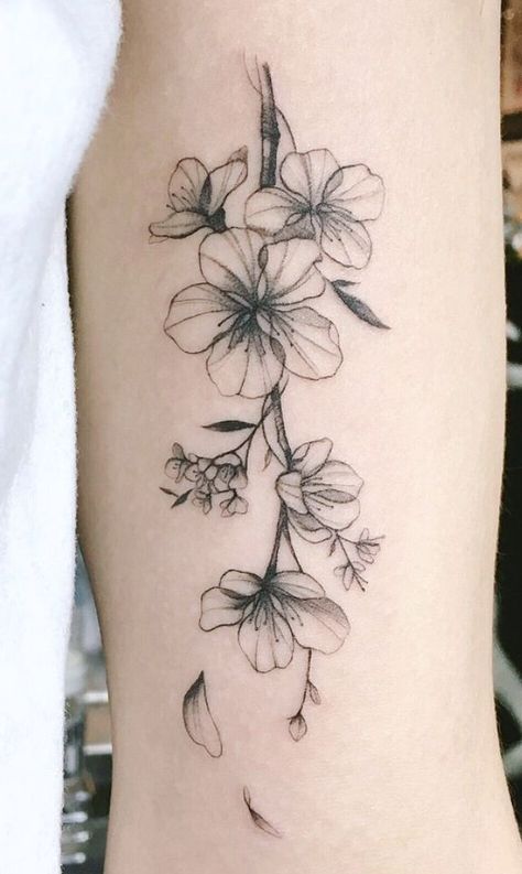 Black And Gray Cherry Blossom Tattoo, Sakura Tattoo Black And White, Cherry Blossom Tattoo Black And White, Floral Coverup Tattoo, Sakura Blossom Tattoo, Almond Blossom Tattoo, Cherry Blooms Tattoo, Sakura Flower Tattoo, Tattoo Sakura