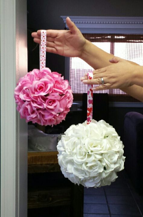 Medium and small size pomander balls. 4 in and 3 in styrofoam balls covered with Dollar Tree silk roses. Created by Sara Landin Ganesha Decoration, Pomander Balls, Rose Ball, Kissing Ball, Plastic Ball, Sketches Pencil, Events Ideas, Traditional Wedding Decor, Styrofoam Ball