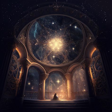 Orrery Fantasy Art, Celestial Kingdom Aesthetic, Dreamscape Library, Celestial Fantasy Aesthetic, Ancient Astronomy Aesthetic, Fantasy Planet Aesthetic, Space Castle Aesthetic, Astronomy Library Aesthetic, Star Castle Aesthetic