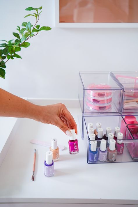 Organizing Nail Supplies, Organize Nail Supplies, Home Organization Ideas For Small Spaces, How To Organize Nail Polish, Nail Organization Ideas At Home, Cute Nail Polish Storage, Nail Supply Storage Portable, Organizing Hair Products Under Sink, Nail Polish Orginazation