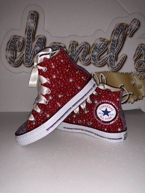 Red Shoes For Quinceanera, Red Quince Outfits, Red Quinceanera Suits, Red Glitter Converse, Red Heels Quinceanera, Red Quince Shoes Sneakers, Quinceanera Shoes Sneakers Red, Red And Gold Quince Shoes, Red Quince Shoes Heels