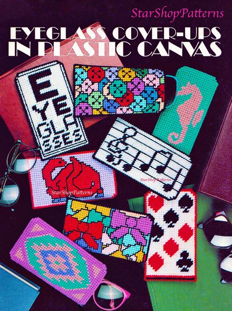 Vintage Plastic Canvas Pattern Book PDF • Plastic Canvas Eyeglass Glasses Case Patterns • Quick Easy Craft Patterns • Music Dinosaur Button by StarShopPatterns on Etsy Eyeglass Cases Plastic Canvas, Eyeglass Cases Pattern, Glass Cases, Card Suits, Plastic Canvas Books, Plastic Canvas Pattern, Checkbook Covers, Plastic Canvas Tissue Boxes, Plastic Canvas Patterns Free