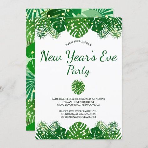 Tropical Leaves Lights Modern New Year's Eve Party #tropical #foliage #typography #leaves #party #rainforest #lights #newyearseve #newyear #modern Tropical New Years Eve Party, Rainforest Foliage, New Year's Eve Party, Holiday Party Invitations, Invitation Sizes, New Year’s Eve, Eve Parties, New Years Eve Party, Holiday Lights