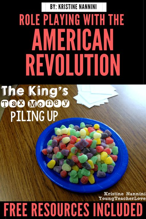 This post shares an activity that helps students learn about taxation  without representation. During social studies, role play the American  Revolution by choosing students to play king, tax collectors, and colonists. Great for 4th, 5th, and 6th grade upper elementary classrooms. #KristineNannini #SocialStudies #ITeachFifth #ITeachFourth  #ITeachThird American Revolution Activities, Virginia Studies, Tech Lab, 4th Grade Social Studies, Tax Money, 5th Grade Social Studies, Colonial History, History Classroom, United States History