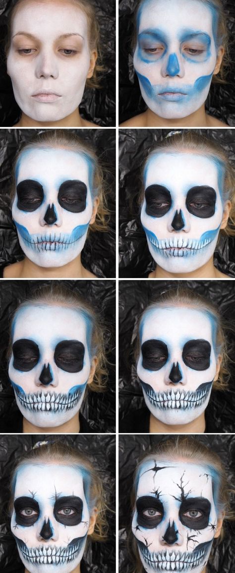 Nem Halloween Makeup, Makijaż Sugar Skull, Skull Tutorial, Cracked Skull, Skull Makeup Tutorial, Maquillage Halloween Simple, Halloween Makeup Tutorial Easy, Makeup For Halloween, Halloweenský Makeup