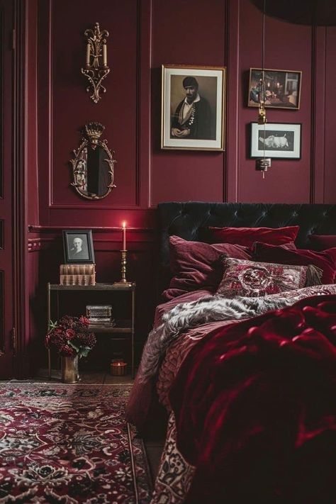 Red Bedrooms Ideas, Red Interior Design Bedroom, Red Moody Bedroom, Dark Red Walls Bedroom, Theater Bedroom Ideas, Moody Red Bedroom, Dark Room Decor Ideas, Pirate Quarters, Red Victorian Bedroom