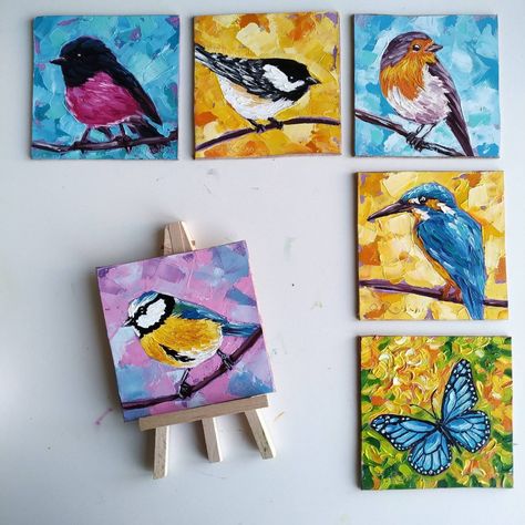 "Small Bird on branch 4x4 oil painting." Very Small Paintings, Small Oil Paintings, Branch Painting, Bird Oil Painting, Cute Easy Paintings, Bird Coasters, Angel Photography, Bird On A Branch, Textured Paint