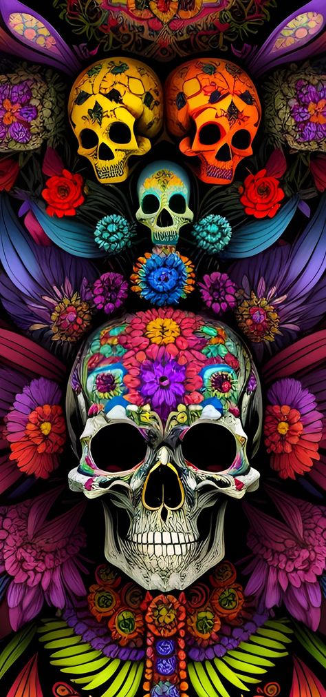 Sugar Skulls Wallpaper, Day Of The Dead Skull Art, Day Of The Dead Wallpaper, Sugar Skull Images, Mexican Wallpaper, Sugar Skull Wallpaper, Colorful Skull Art, Black Skulls Wallpaper, Skulls And Flowers