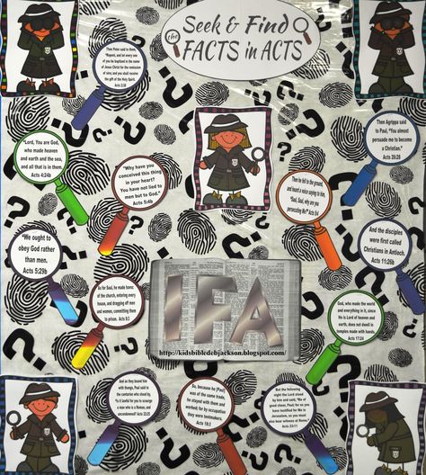 IFA Investigating Facts in Acts ideas and printables #Biblefun #IFABiblefuninActs Mystery Bulletin Board, Music Bulletin Board, Detective Theme, Conference Themes, Interactive Bulletin Board, Mystery School, Bulletin Board Borders, Interactive Board, Holiday Club