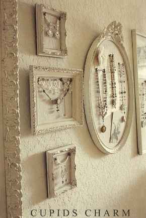 Cupids Charm - Notes From A Charmed Life: My New Studio Space – Wall Display (To display pearls & fancy jewelry. Great idea) Jewelry Wall Display, Shabby French Chic, Jewerly Display, Jewerly Displays, Diy Jewelry Display, Jewelry Wall, Craft Show Displays, غرفة ملابس, Necklace Display