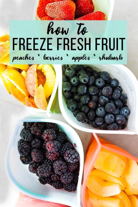 How to freeze fresh fruit- this tutorial tells you how to freeze fruit to maximize freshness and minimize freezer burn. Berries, peaches, apples and rhubarb are all easy to freeze and enjoy year round! Freeze Fruit, Freezing Food Guide, Freezing Fruit, Freezing Vegetables, Freezer Meal Prep, Freezer Burn, Frozen Veggies, Food Saver, Freezer Cooking