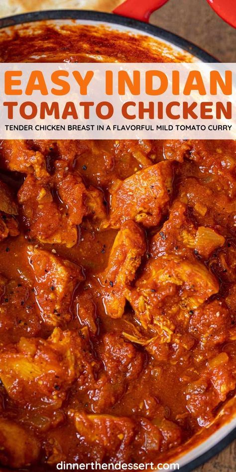 Indian Tomato Chicken is an easy, one pot chicken dinner made in less than an hour! Chicken breasts simmered in a flavorful, kid friendly mild tomato curry. One Pot Chicken Dinner, Tomato Chicken Recipe, Recipe Using Tomatoes, Chicken Recipes With Tomatoes, Tomato Paste Recipe, Tomato Sauce Chicken, Chicken Tomato, Tomato Chicken, Indian Chicken Recipes