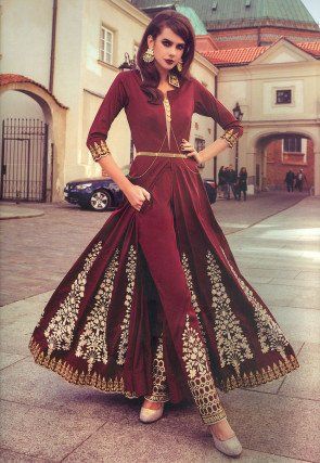 Embroidered Art Silk Abaya Style Suit in Maroon Red Anarkali Suits, Orang India, Patiyala Dress, Celana Fashion, Designer Anarkali Suits, Fancy Suit, Designer Anarkali, Utsav Fashion, Designer Salwar Suits