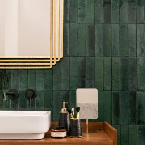 Forest Green Tile, Bronze Tiles, Dark Green Bathrooms, Green Tile Bathroom, Topps Tiles, Bar Outfit, Downstairs Toilet, Tile Trends, White Sink