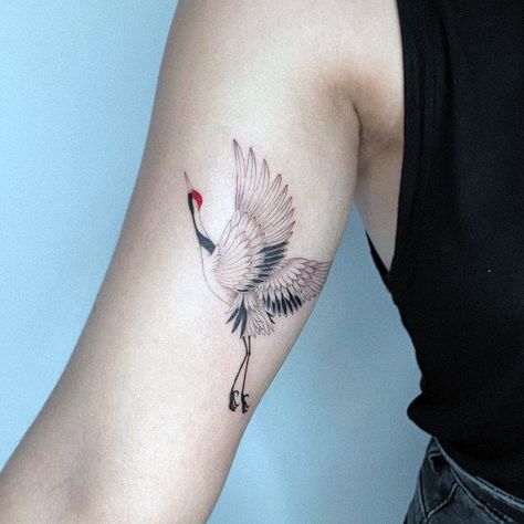 Top 100 Best Crane Tattoos For Women - Beautiful Bird Design Ideas Crane Elbow Tattoo, Small Crane Tattoo, Crane Tattoo Shoulder, Red Crowned Crane Tattoo, Sandhill Crane Tattoo, Japanese Tattoos Women, Crane Tattoo Design, Stork Tattoo, Japanese Crane Tattoo