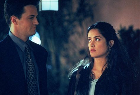 "Fools Rush In" movie still, 1997.  L to R: Matthew Perry, Salma Hayek. Fools Rush In Salma Hayek, Salma Hayek Style Fools Rush In, Fools Rush In Movie Salma Hayek, Matthew Perry Fools Rush In, Fools Rush In, Fools Rush In Movie, Joan Is Awful, Rom Coms, Unchained Melody