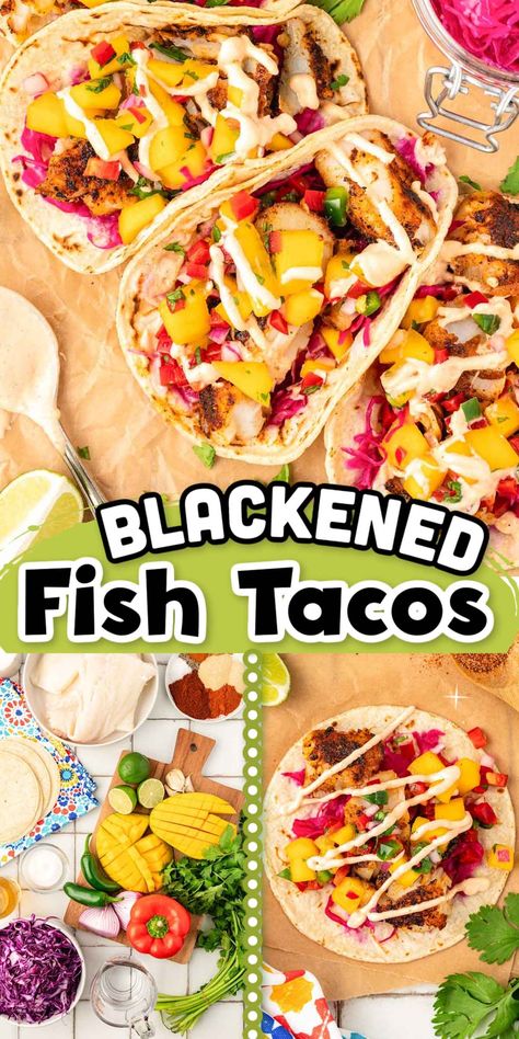 Try these delicious Blackened Fish Tacos! Featuring seasoned blackened fish, pickled cabbage, and juicy mango salsa, they're an easy and flavorful dinner option that everyone will love. Perfect for a quick weeknight meal or a fun weekend get-together. Blacked Fish, Mango Fish, Tropical Salsa, Easy Fish Taco Recipe, Blackened Fish Tacos, Blackened Fish, Easy Fish Tacos, Flavorful Dinner, Mango Salsa Recipes