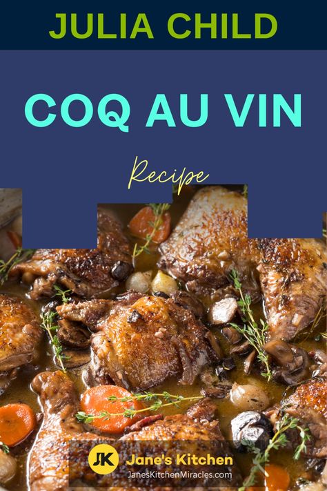 Coq Au Vin with herbs Chicken Coq Au Vin Recipe, Chicken Coq Au Vin, Red Wine Mushrooms, Wine Mushrooms, Red Wine Chicken, Coq Au Vin Recipe, Chicken Wine, Green Beans Almondine, Braised Chicken Thighs