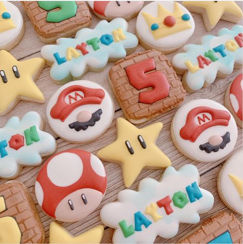 Mario Birthday Cookies Decorated, Nintendo Cookies Decorated, Super Mario Bros 2nd Birthday, Mario Theme Cookies, Mario And Luigi Cookies, Mario Royal Icing Cookies, Mario Birthday Party Cookies, Mario Bros Cookies Decorated, Super Mario Sugar Cookies